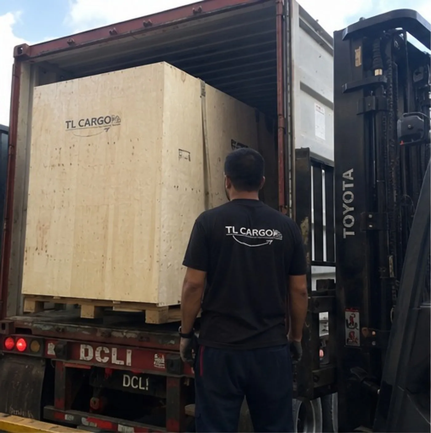 Caja industrial de madera siendo cargada dentro de un contenedor marítimo