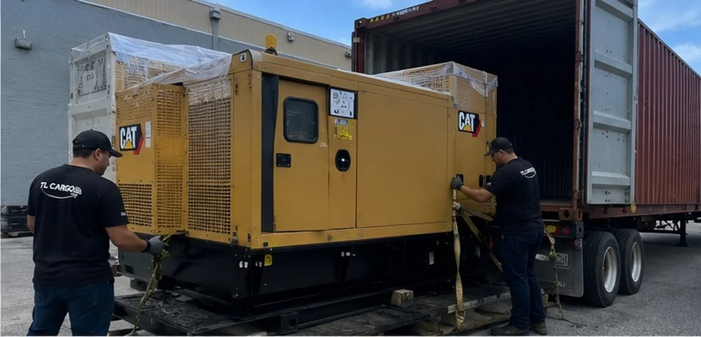 Generador industrial CAT asegurado con eslingas para su carga en un contenedor marítimo