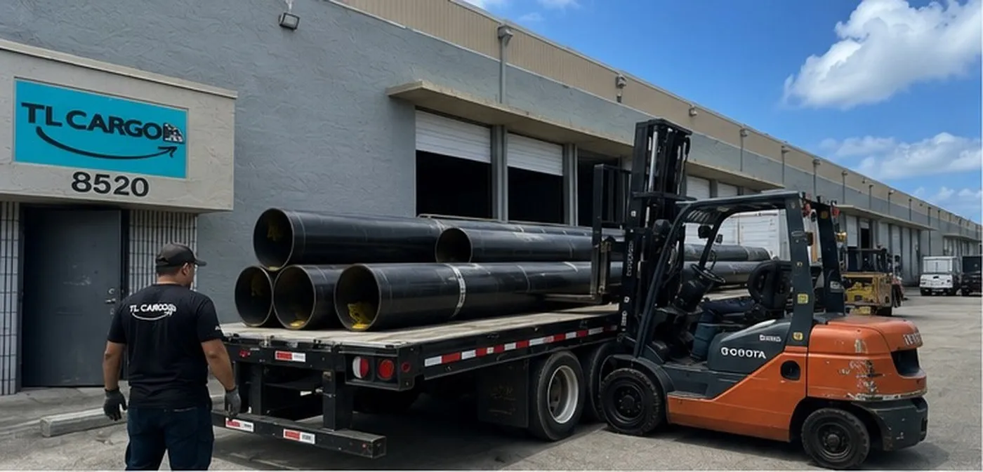 Tubería de acero de gran diámetro cargada y asegurada sobre plataforma en TL Cargo Miami