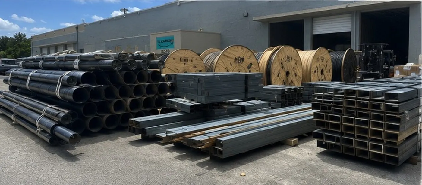 Tubería, perfiles de acero y carretes de cable en el patio del almacén
