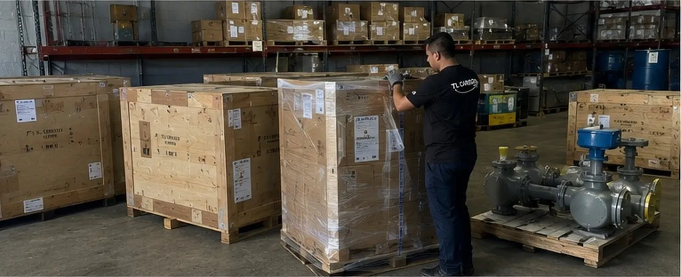 Válvulas industriales y cajas de equipos preparadas en el almacén de Miami